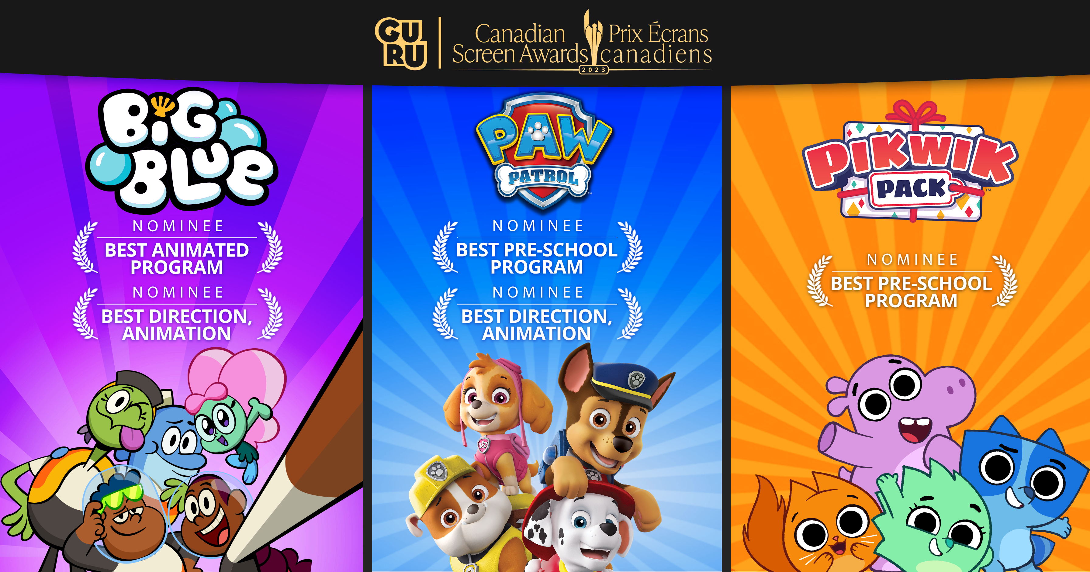Multiple Canadian Screen Award Nominations for Big Blue, Pikwik Pack, and  PAW Patrol! – Guru Studio